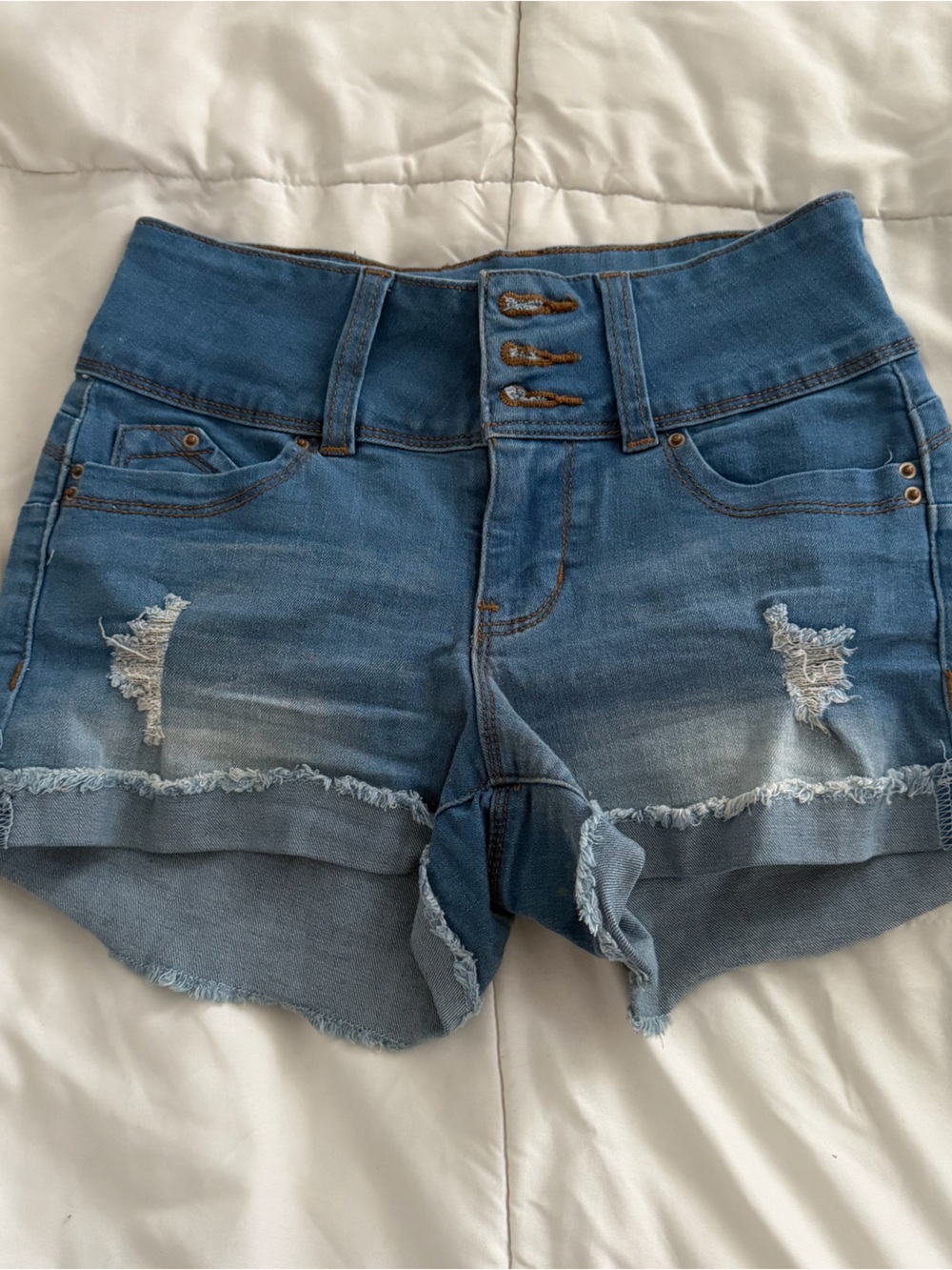 Denim Frayed Hem Distressed Women's Shorts - Blue